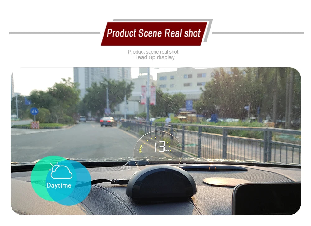 Geyiren C700 HUD, Product scene shows Geyiren C700 head-up display with daytime visibility and features.