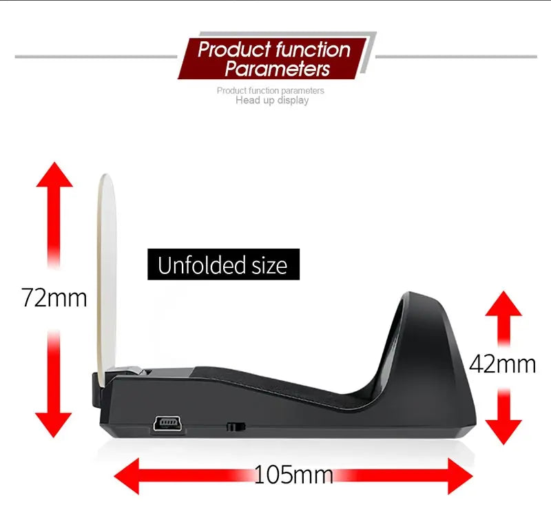 Geyiren C700S HUD, The Geyiren C700S features a head-up display with unfolded size measurements: 72mm, 40mm, and 105mm.