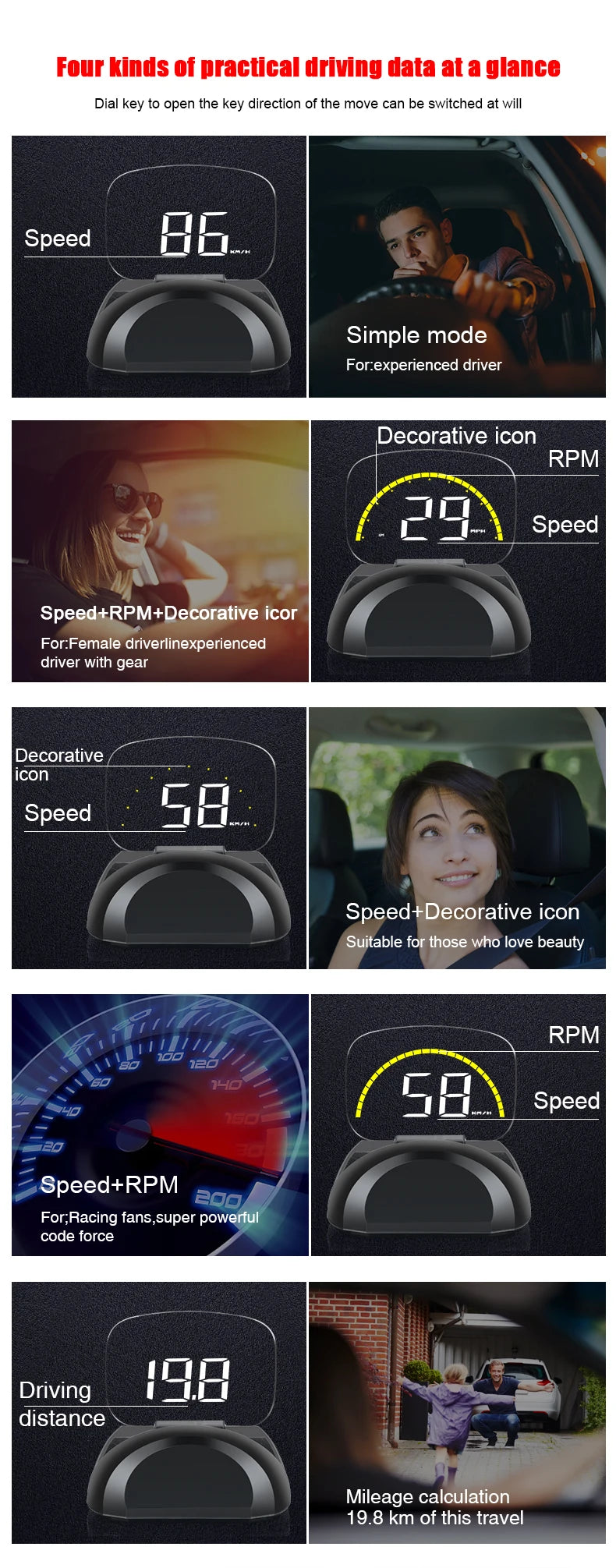 Geyiren C700S HUD, The Four-in-One Practical Driving Data offers a speed switch and RPM display for experienced drivers, with decorative icons.
