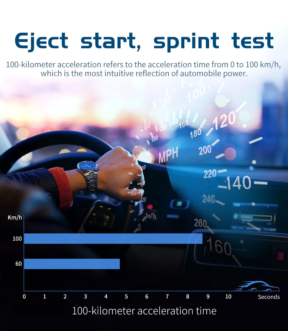 Geyiren G10 HUD, Automobile power reflected by acceleration from 0 to 100 km/h, including speeds of 4460, 700, 200, and 220 km/h with top speed reached at 240 km/h.