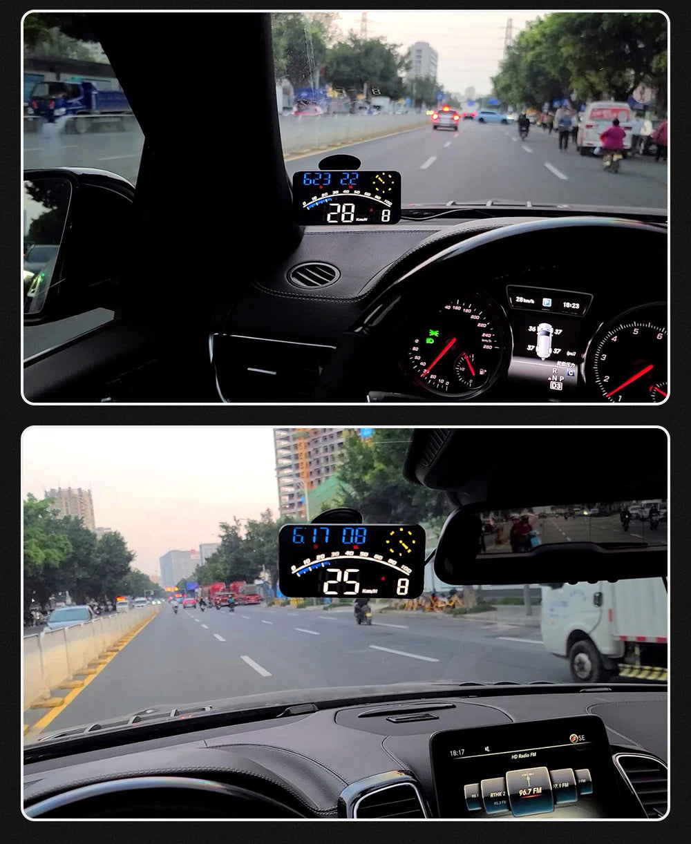 Geyiren G10 HUD, Input data for vehicle speed unit conversion and navigation system, including MPH and Km/h units, compass direction, and satellite icon.