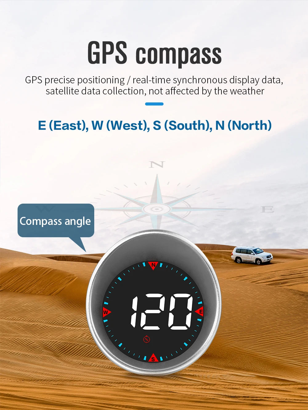 Geyiren G5 HUD, A GPS compass offers precise positioning and real-time data display, unaffected by weather, with directions for east, west, south, and north.