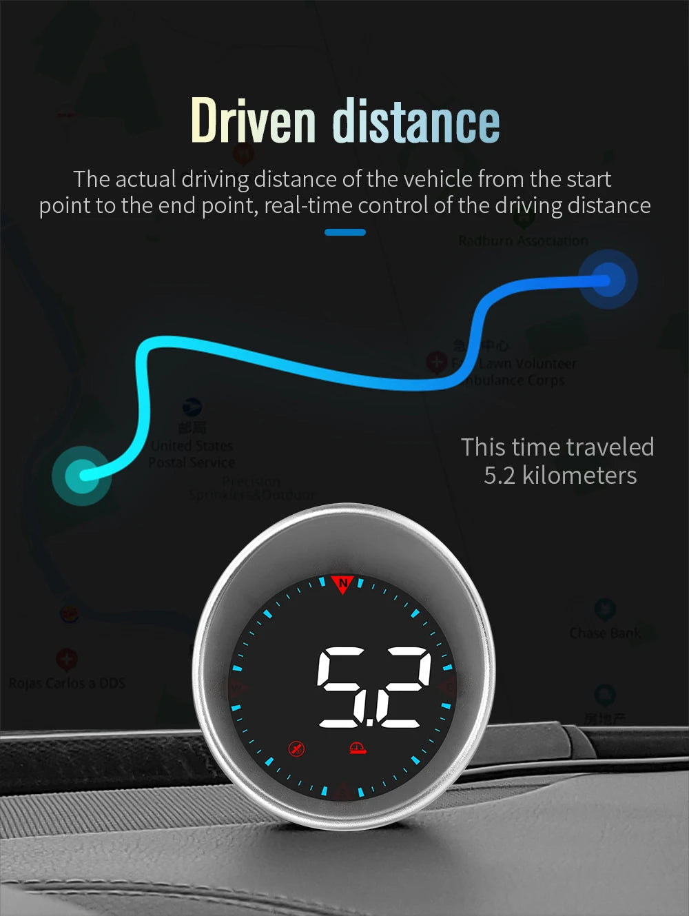 Geyiren G5 HUD, The actual driving distance was 5.2 km, with real-time control at 3.3 meters.