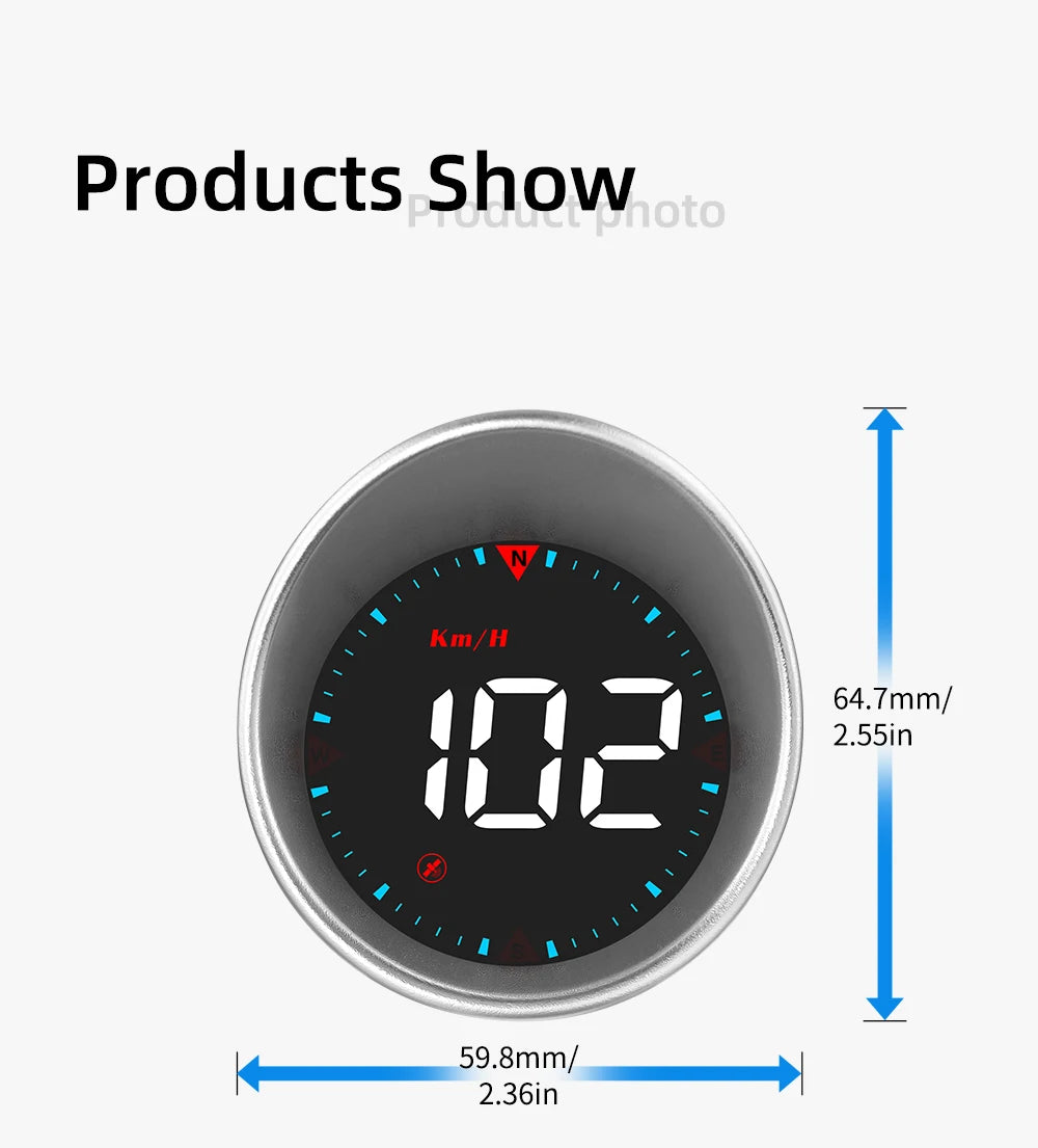 Geyiren G5 HUD, Product features: shows speed up to 64.7km/h, has 2.55-inch lens diameter and 59.8mm/2.36-inch focal length.