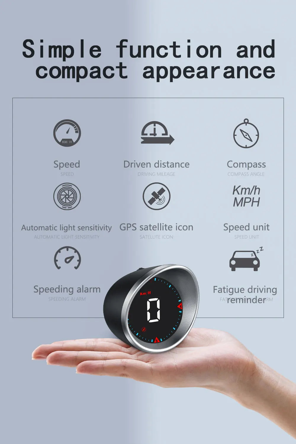 This Geyiren G5 HUD product provides speed-driven distance, compass direction, and mileage information with automatic brightness adjustment and real-time location tracking.