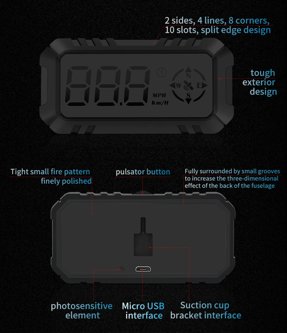 The Geyiren G7 HUD has a split design with tough exterior, MPH/Km/H speed indicator, pulsator button, and finely polished back.