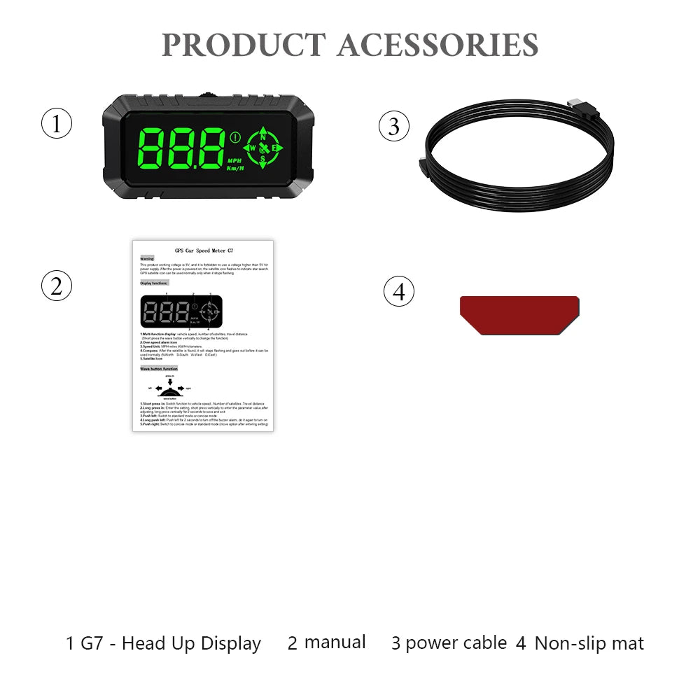 Product accessories for Geyiren G7 HUD include manual, power cable, and non-slip mat.