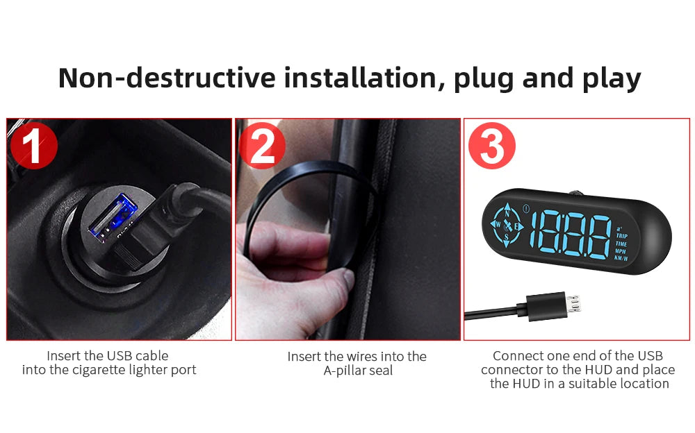 Geyiren G9 GPS HUD, Non-destructive installation involves inserting USB cable, attaching wires, and connecting to cigarette lighter port with minimal setup