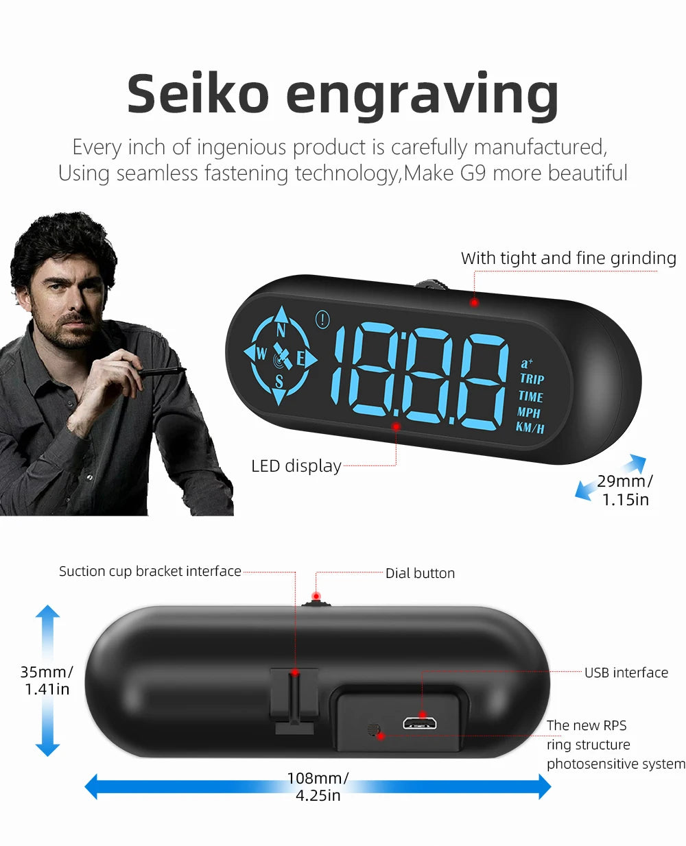 Geyiren G9 GPS HUD, Seiko G9 GPS HUD product showcases meticulous craftsmanship, with sleek design and features a TIME MPH LED display and RPS ring structure.