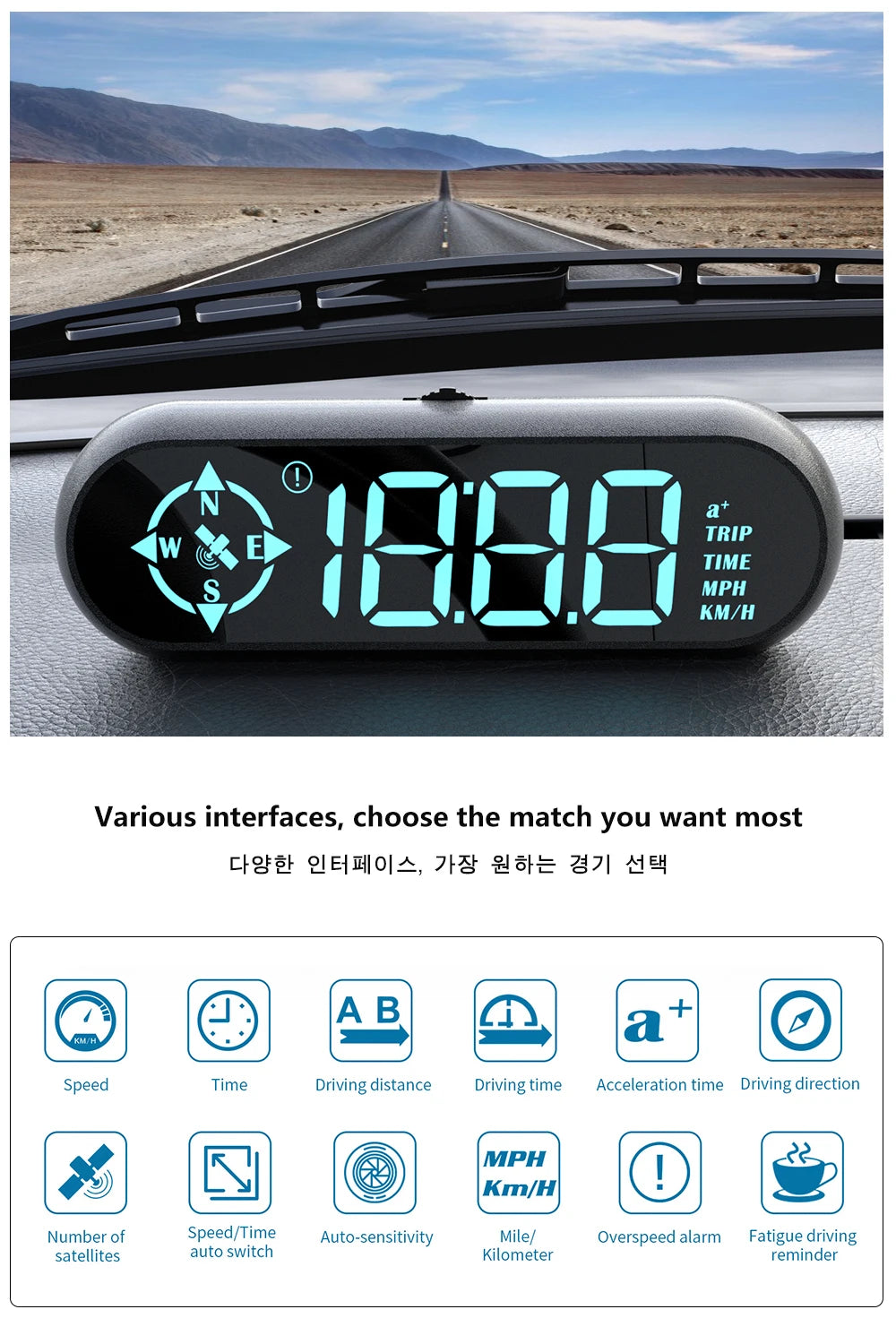 Geyiren G9 GPS HUD, A trip timer with various interfaces, featuring speed/time display, driving distance, and more.