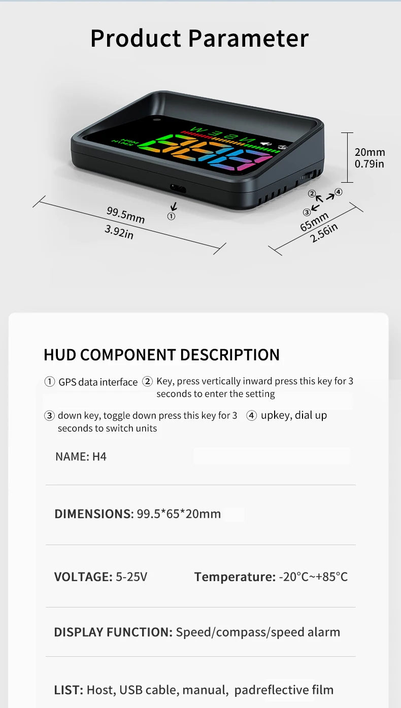 Geyiren H4 HUD, Product Parameter: 20 mm, Dimensions: 99.5 x 65 x 20 mm, Features: speed/compass/speed alarm.