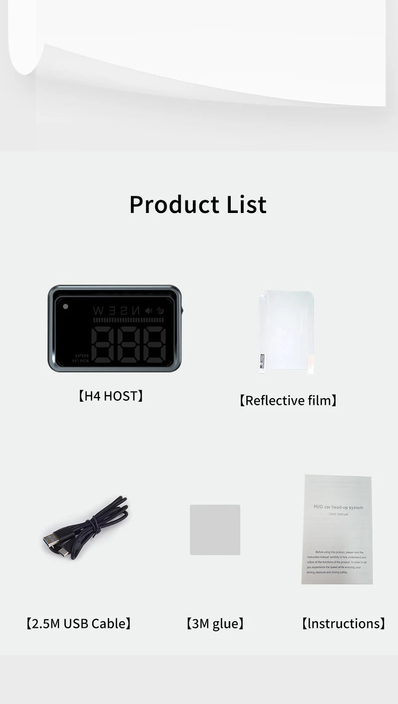 Product list includes W3, Geyiren H4 HUD product with reflective film, garage door opener system, Bluetooth module, remote control, and accessories.