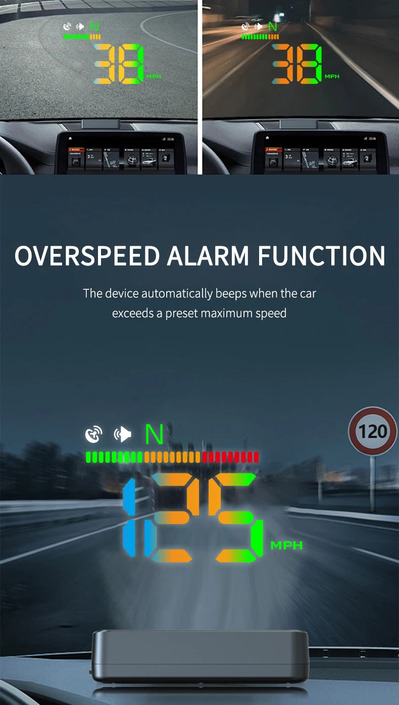 Geyiren H4 HUD, The Julvie MHP alarm function beeps when a car exceeds a preset maximum speed of 120 MPH.