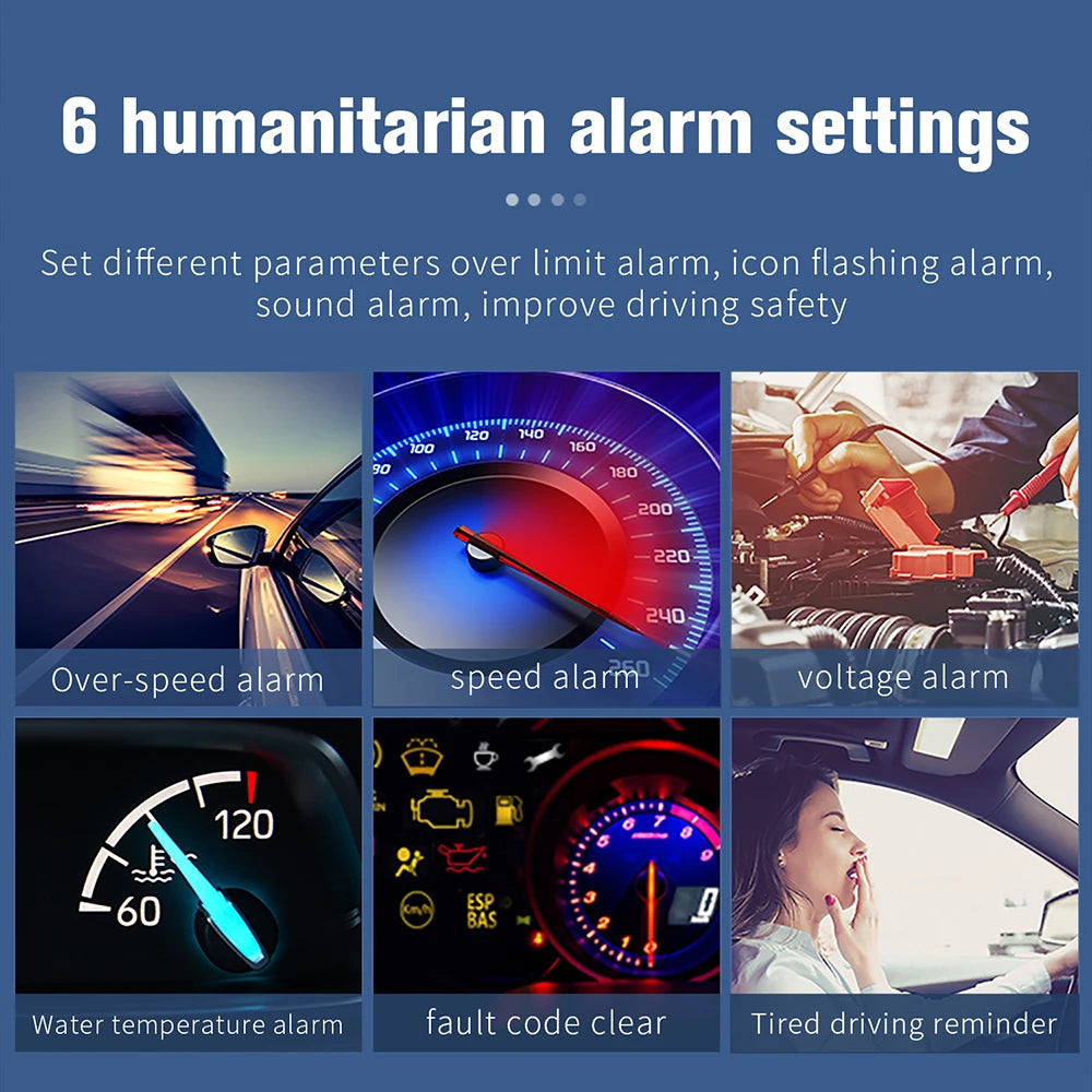 The Geyiren M17 HUD offers six humanitarian alarm settings, including over-limit alarm with flashing icon and sound.