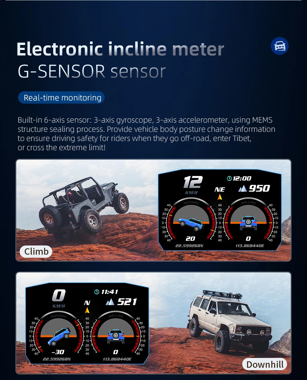 Geyiren P1 HUD, Electronic incline meter G-SENSOR provides real-time monitoring using a built-in 6-axis sensor for driving safety.