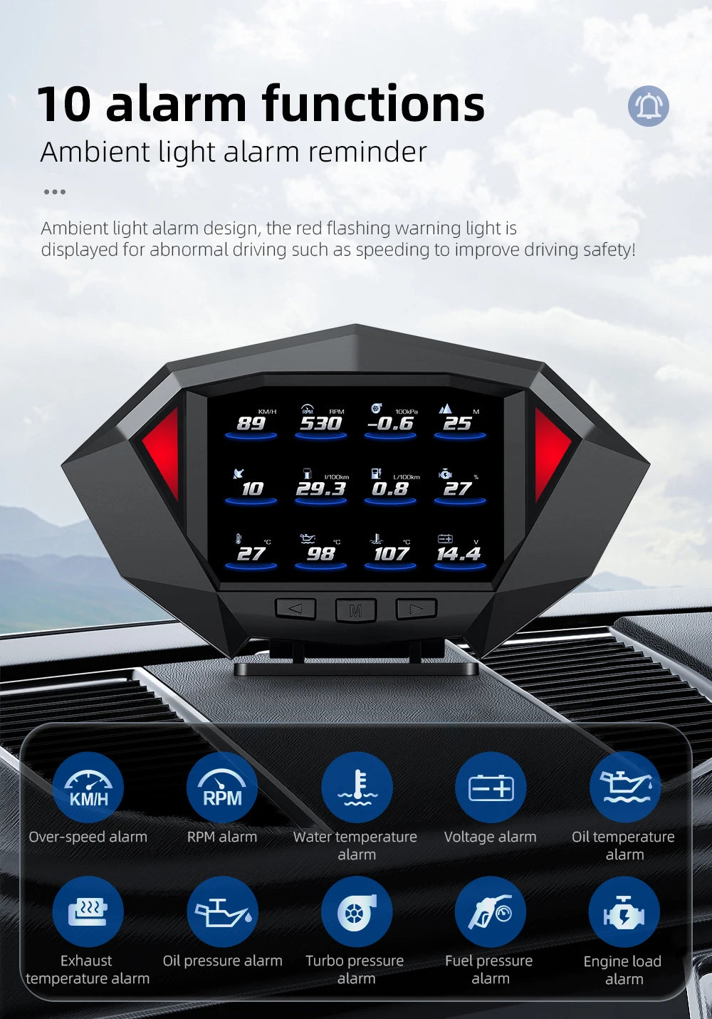 The Geyiren P1 HUD product features 10 alarm functions, including ambient light reminders and red flashing warnings for improved driving safety.