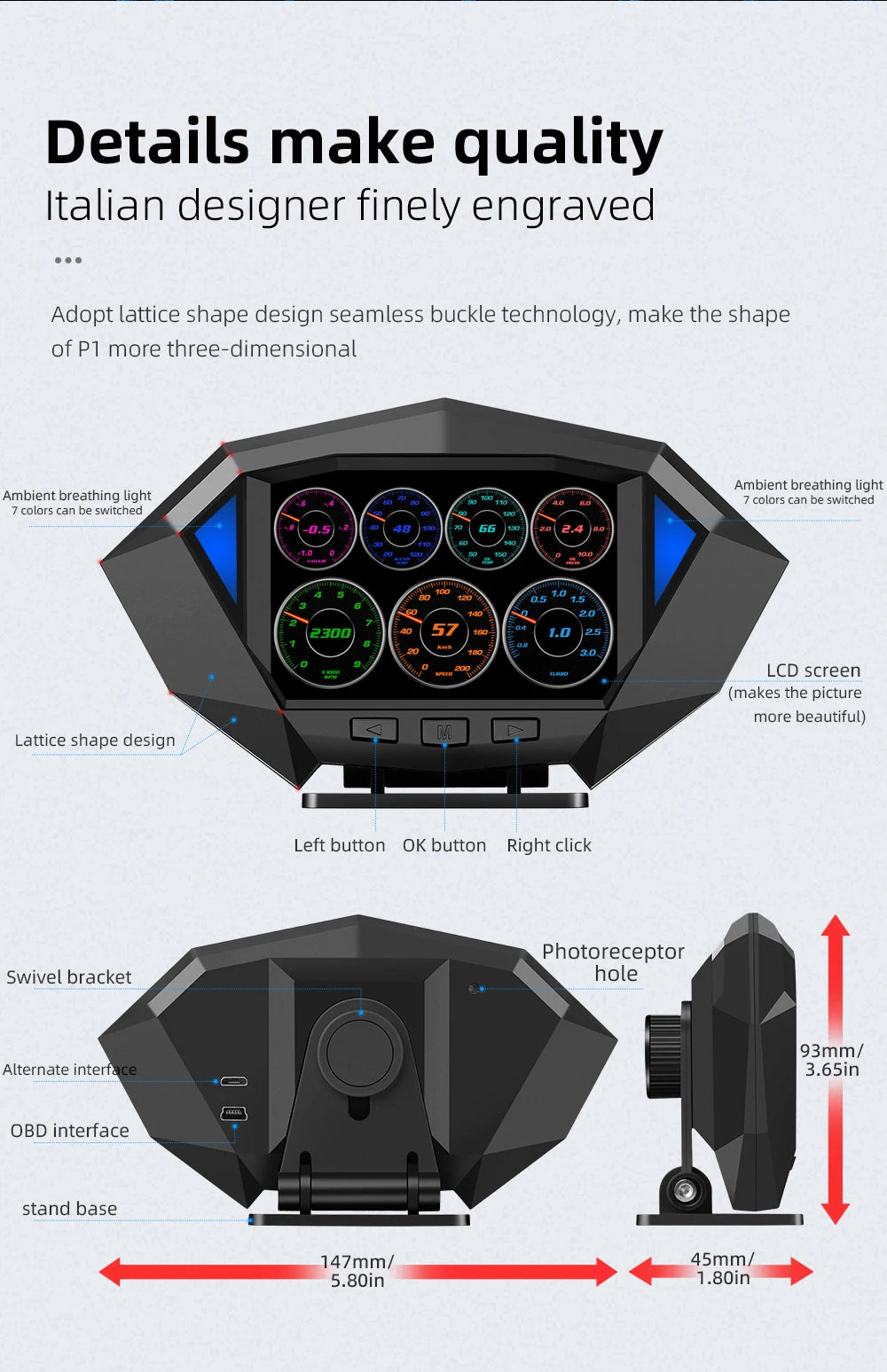 Geyiren P1 HUD, The P1 features a finely engraved design, ambient breathing light with color switching, and a NuD Zoo LCD screen for enhanced picture quality.