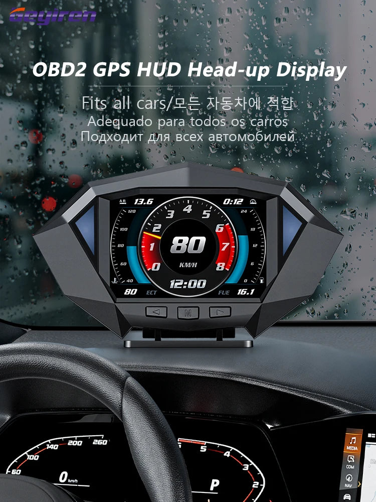 Geyiren P1 HUD, This OBDZ GPS display fits all cars, featuring a THStloll A2l design for easy installation, with 13.6 inches of screen space and energy consumption support.