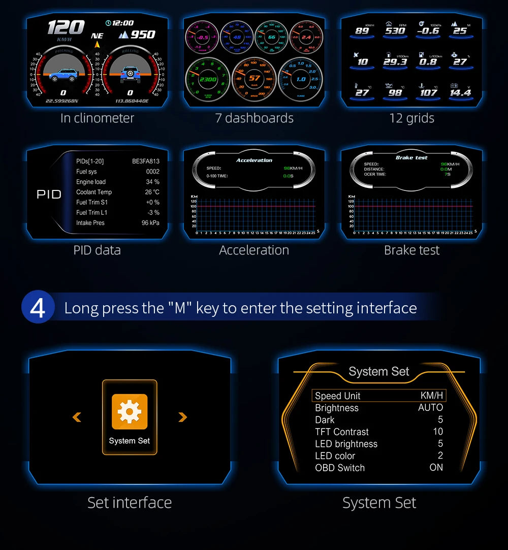 Geyiren P1 HUD, No quotes: Car data display settings with various parameters and modes for engine load, temperature, and fuel trim.