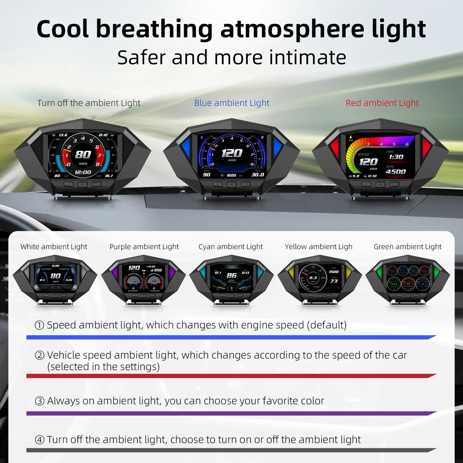 Geyiren P1 HUD, Breathing atmosphere with safety and intimacy features, including customizable ambient lights.