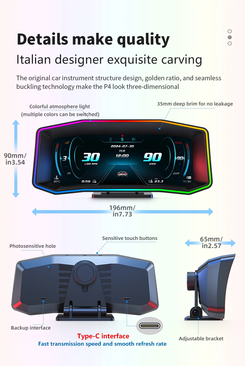 Geyiren P4 HUD, The P4 car instrument features exquisite design and technology for a three-dimensional look with colorful atmosphere and sensitive touch buttons.