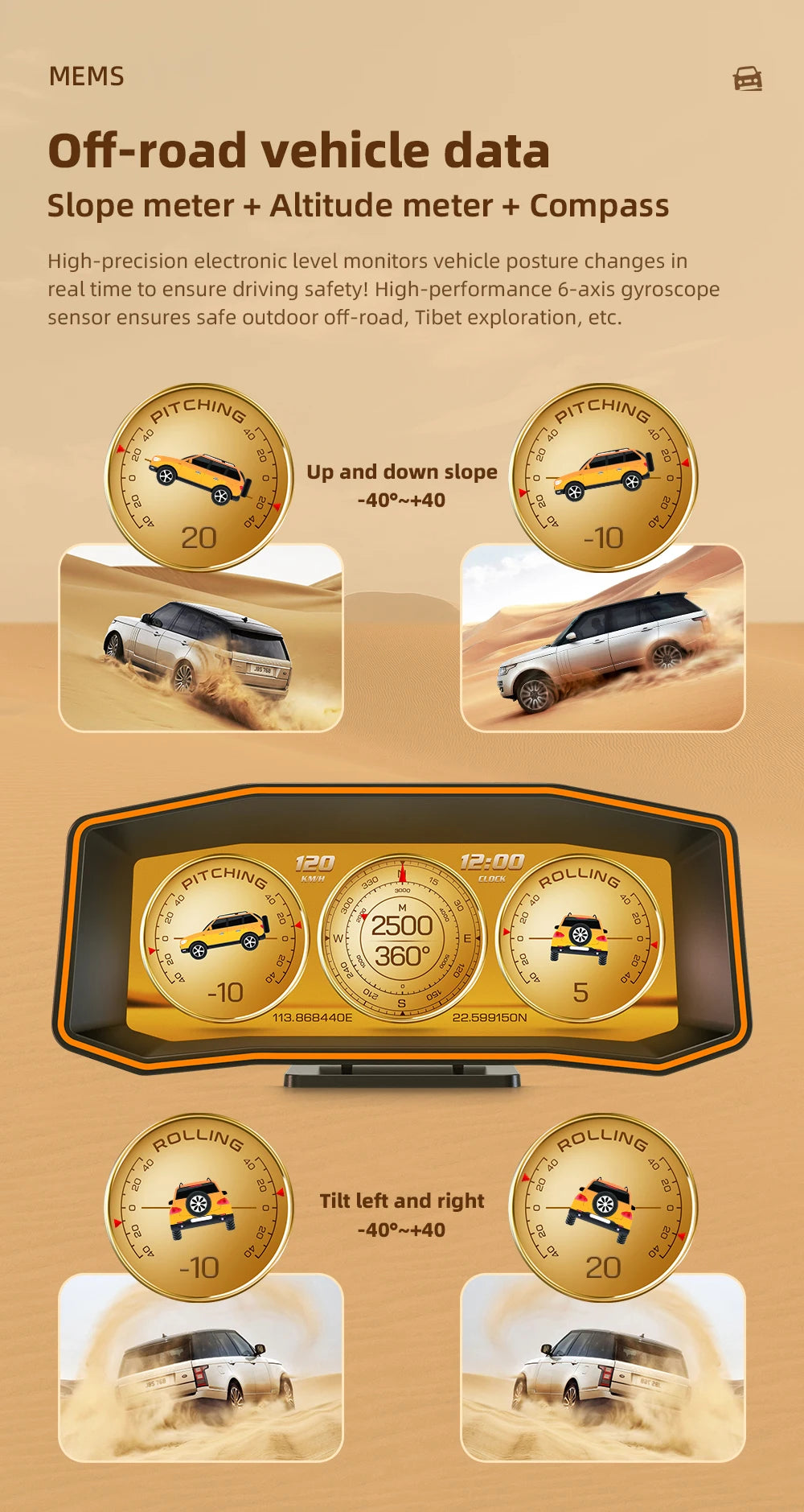 The Geyiren P4 HUD features a MEMS off-road data display with Slope, Altitude, and Compass, providing real-time monitoring for enhanced driving safety.