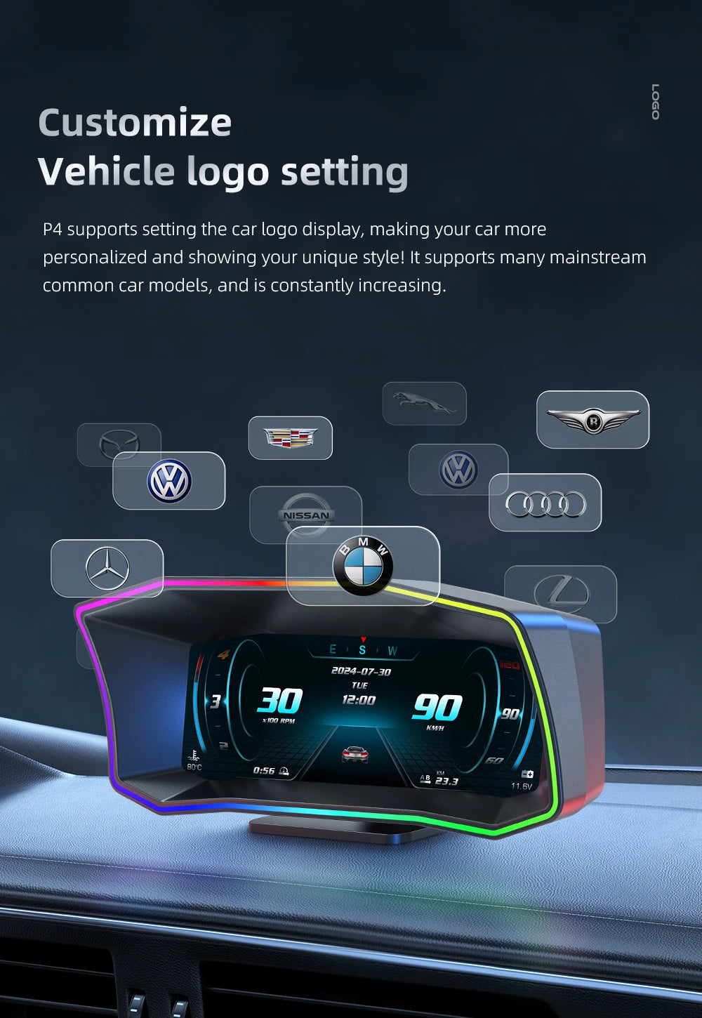 Geyiren P4 HUD, Customize Vehicle logo setting allows for personalized displays on supported car models.