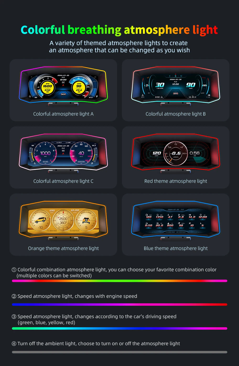 Geyiren P4 HUD, Colorful breathing lights offer themed options for customization, featuring various colors and themes to create unique atmosphere.