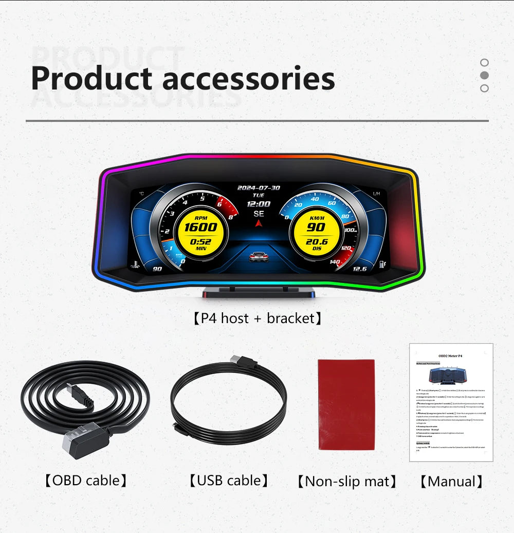 Product accessories for Geyiren P4 HUD include host bracket, OBD/USB cables, non-slip mat, and manual.