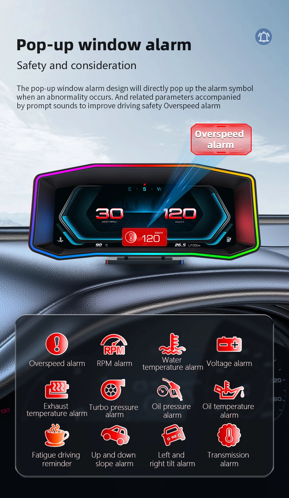 Geyiren P4 HUD, The pop-up window alarm provides safety and consideration by alerting drivers to abnormal conditions.