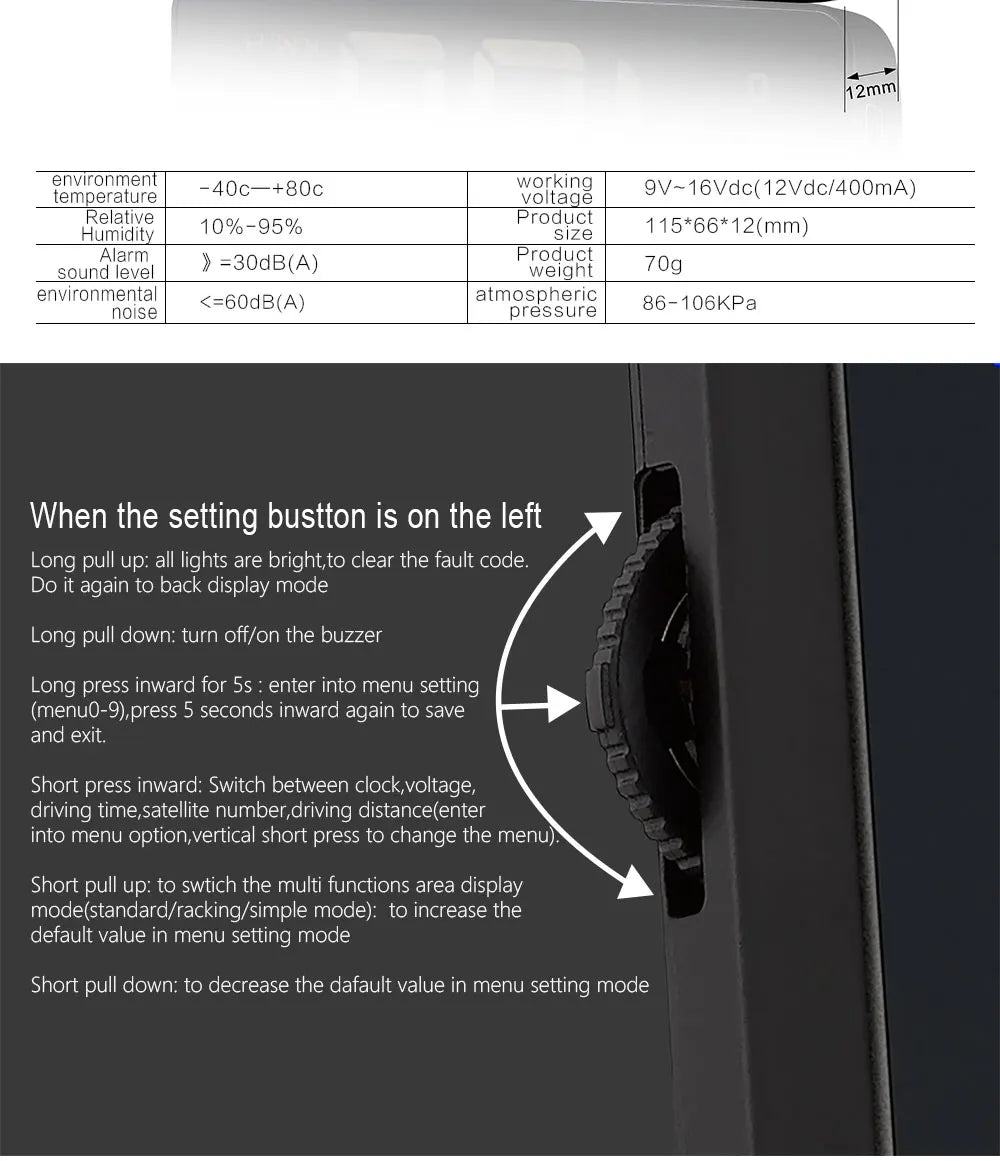 Geyiren Q5 HUD, Environmental operating conditions and device specifications are described.