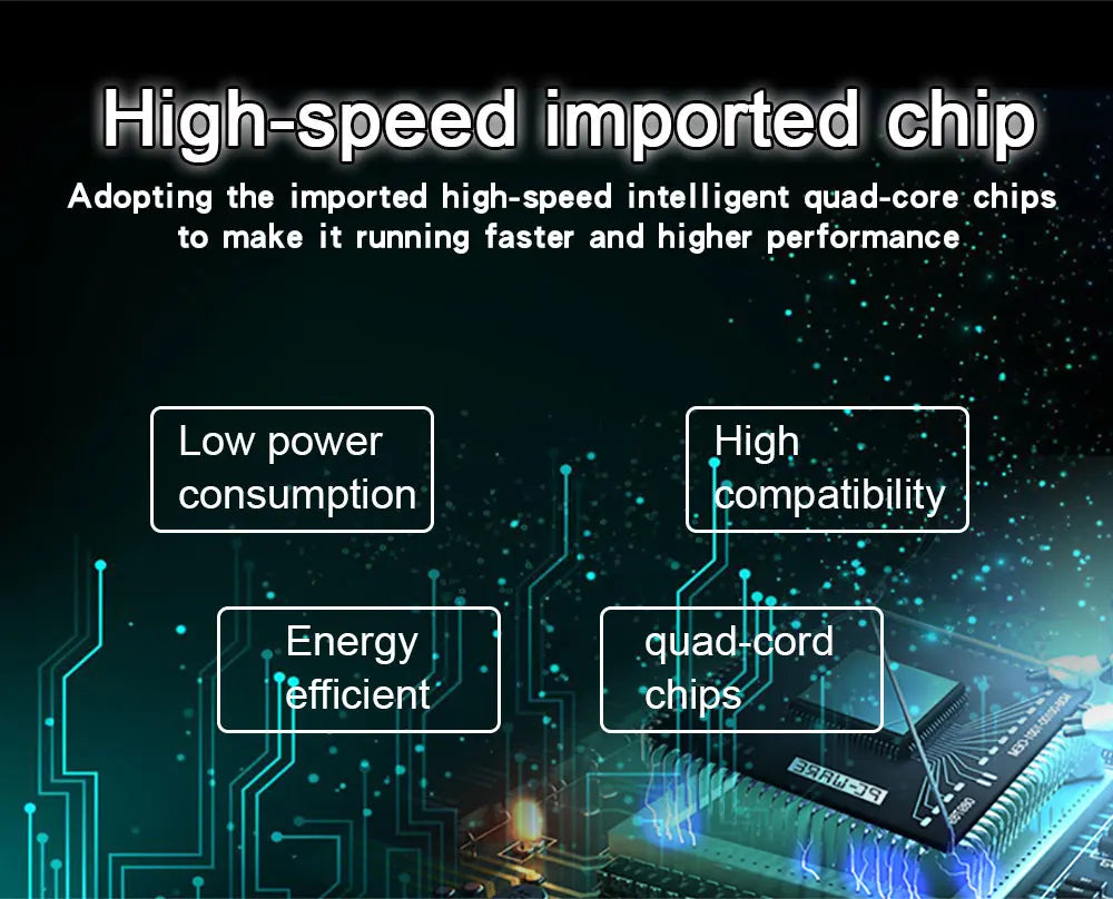 The Geyiren Q5 HUD features a high-speed imported chip with a quad-core processor for fast performance, using low-power chips for compatibility.