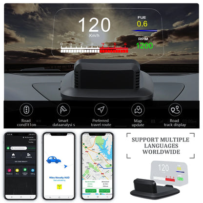 GEYIREN C1 OBD2 HUD car head-up display with GPS navigation, digital speed gauge and overspeed warning features for safe driving.