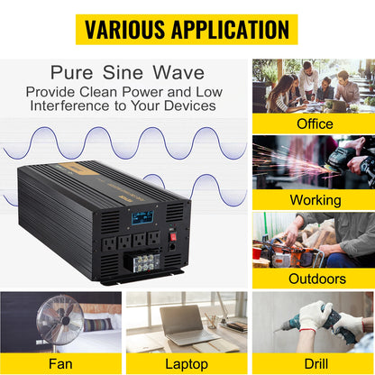 VEVOR Pure Sine Wave Power Inverter 12V DC to 120V AC Aluminum Alloy LCD Screen & LED Indicators for Powering Laptop Fan Grinder