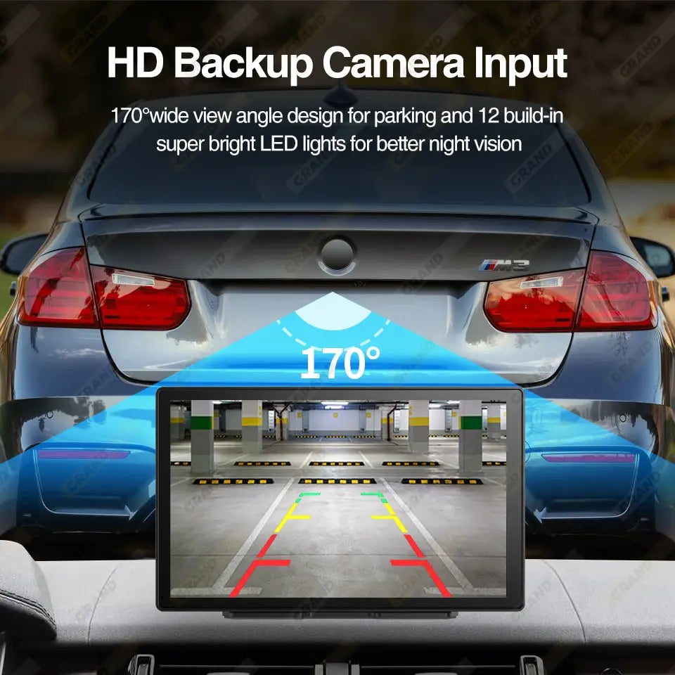 HD backup camera with 170-degree view angle and 12 super bright LED lights for night vision