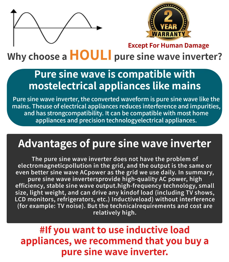 HOULI pure sine wave inverter offers compatibility with appliances, stable waveform output, and small size, with advantages including high-quality AC power and efficiency.