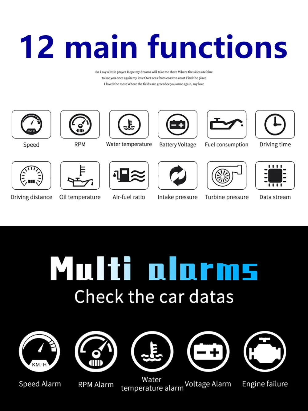 HUD, A GPS product offers various functions and features, including speed and distance tracking, temperature monitoring, and alarm notifications.