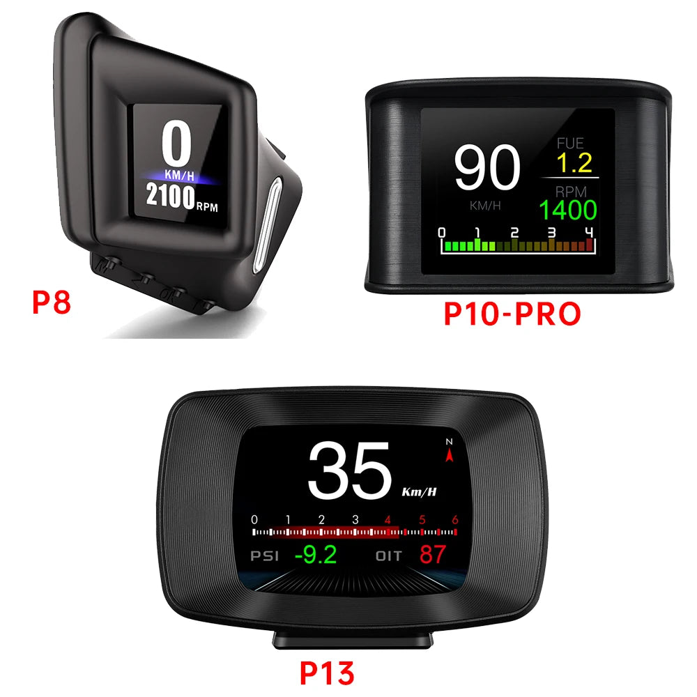 HUD, Automotive computer display for gasoline cars, featuring head-up display, OBD2, GPS, and monitoring systems for turbo, oil pressure, water temperature, and speed.