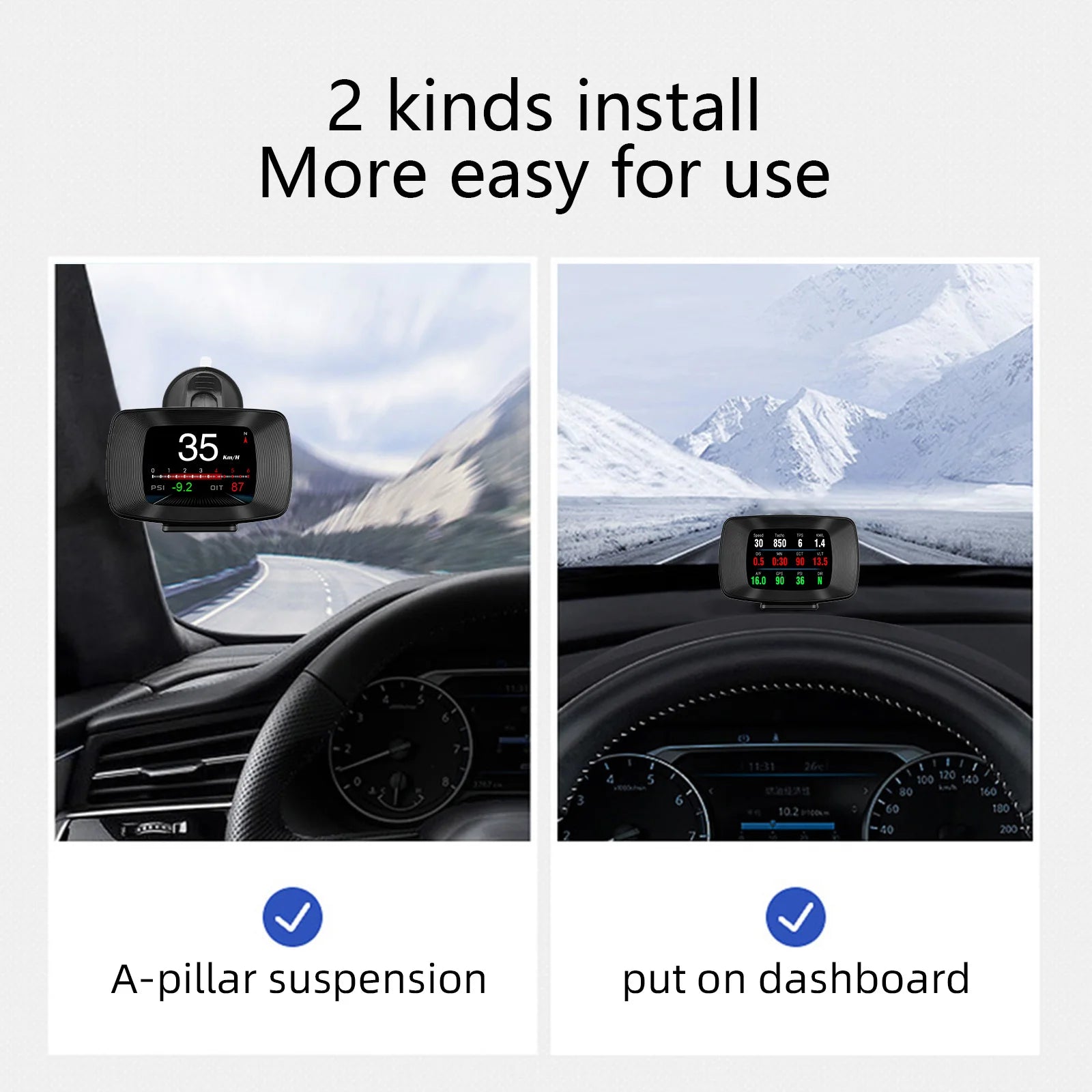 HUD, On-board computer for cars with head-up display, featuring various gauges and GPS.