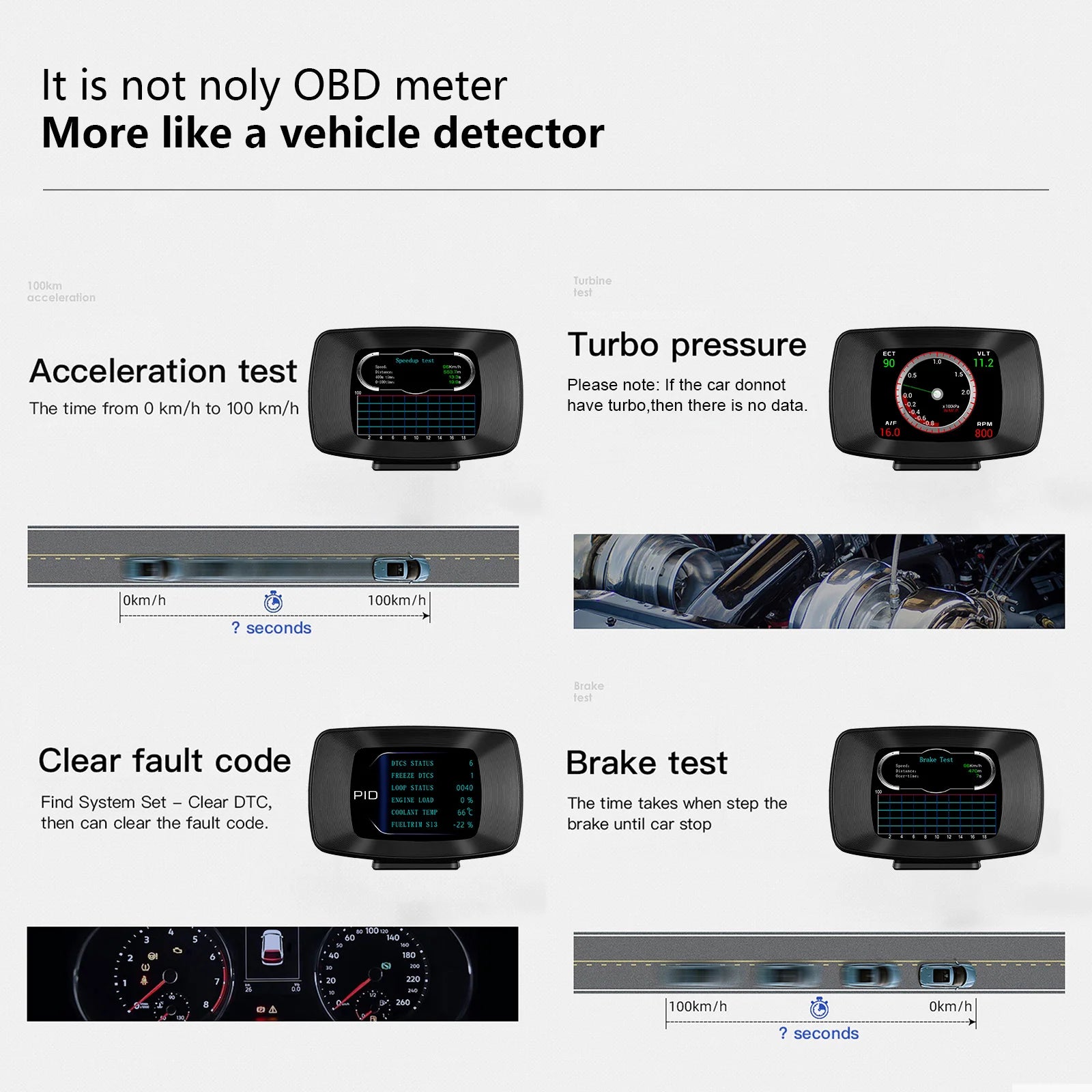 HUD, Our product is a comprehensive vehicle detector featuring various tests, including turbocharger and acceleration tests.