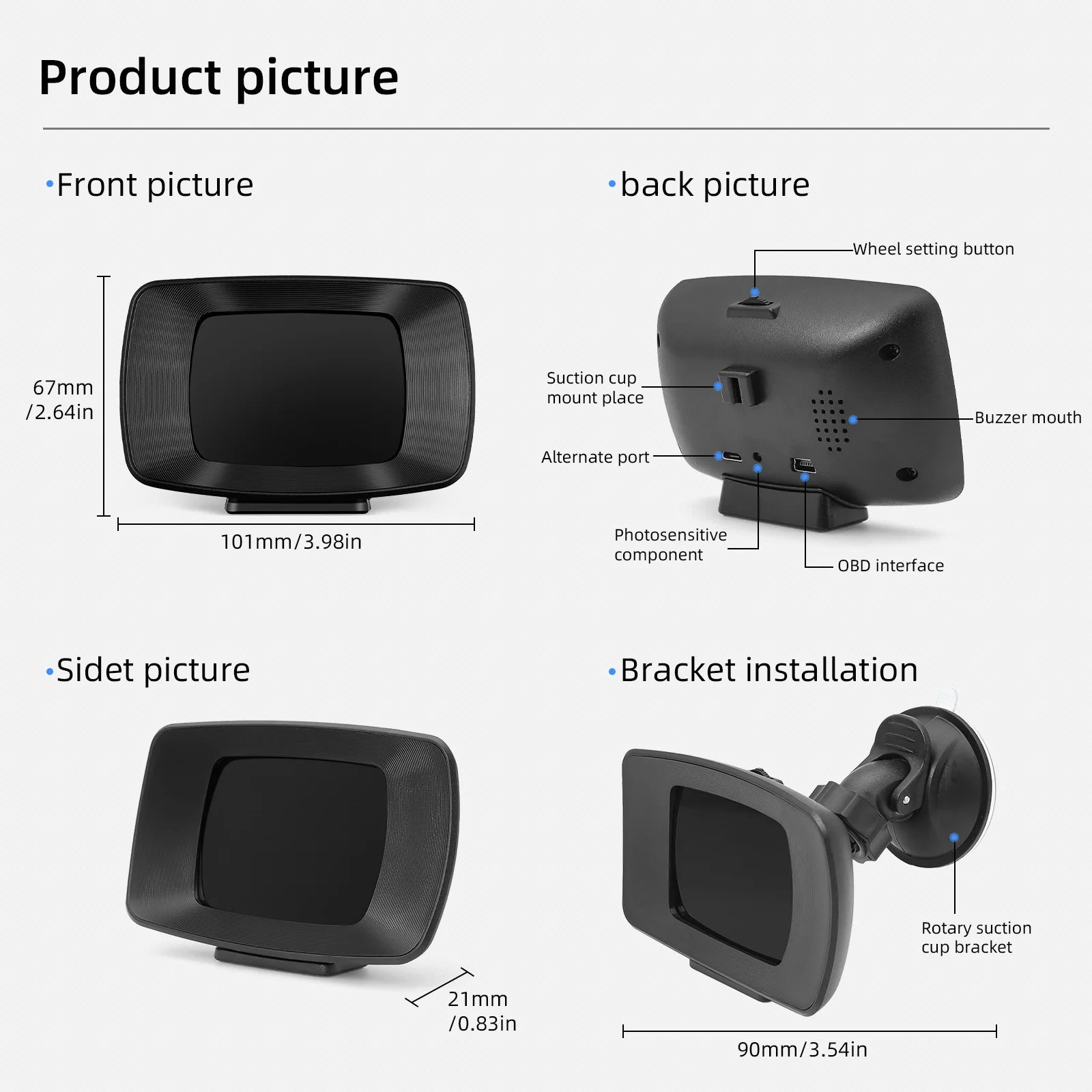 HUD, Product image details: front, back, wheel setting, button, suction cup, mount place, buzzer mouth, and installation rotary suction cup bracket.