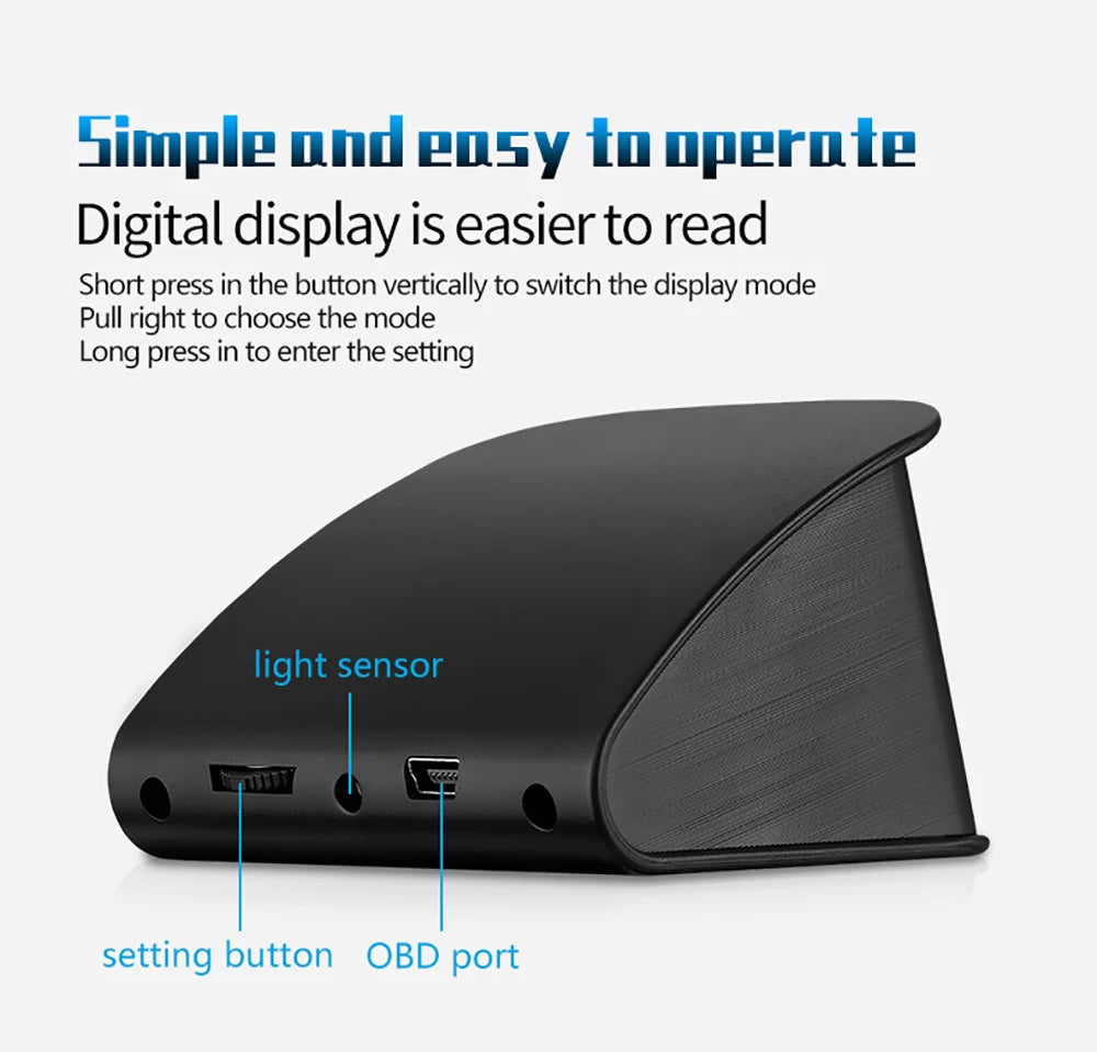 HUD, Simple on-screen display is easy to read. Switch modes, choose settings, and connect via OBD long port.