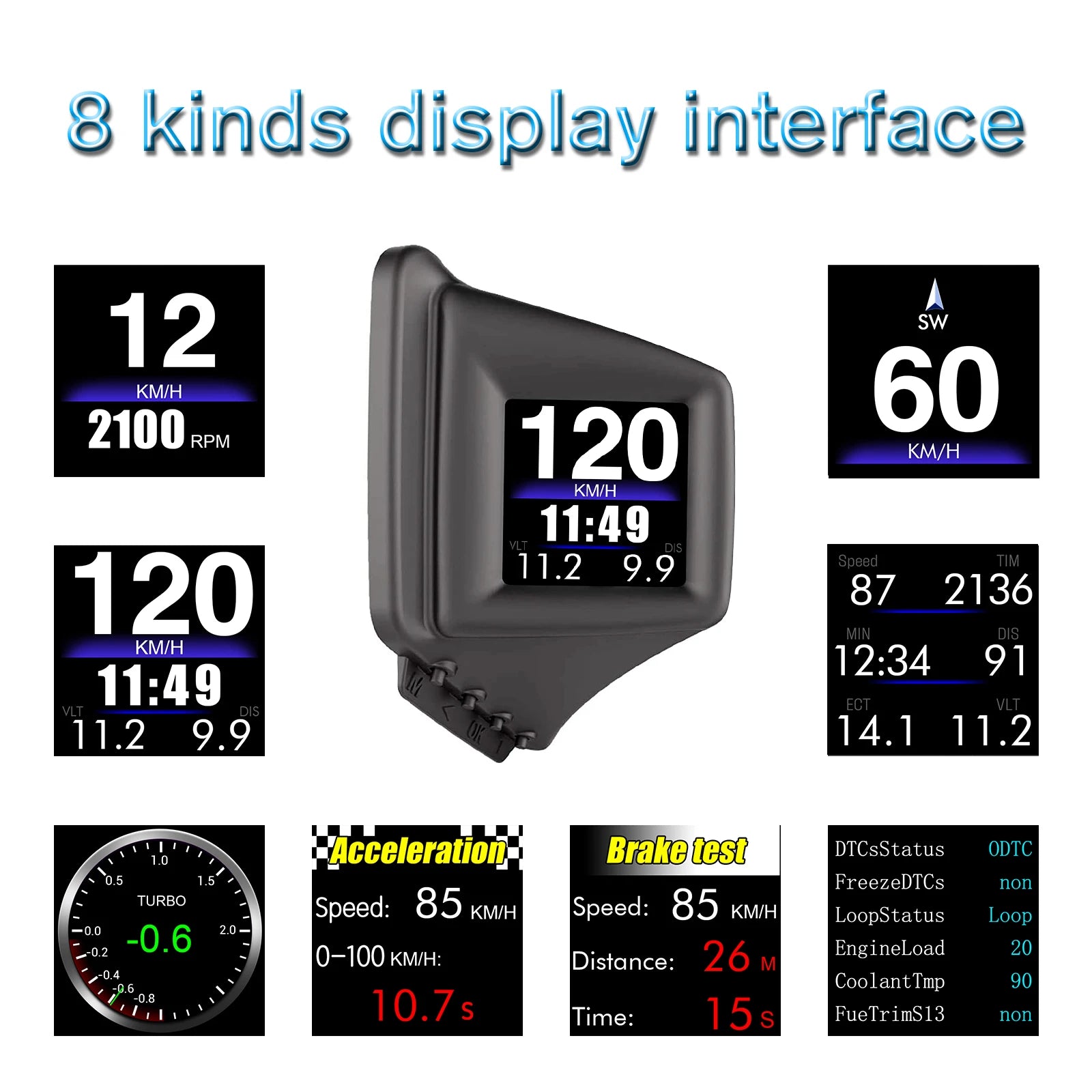HUD, The OBD-II GPS module provides various display interfaces and shows vehicle speed, RPM, voltage levels, acceleration braking test status, and other engine data.