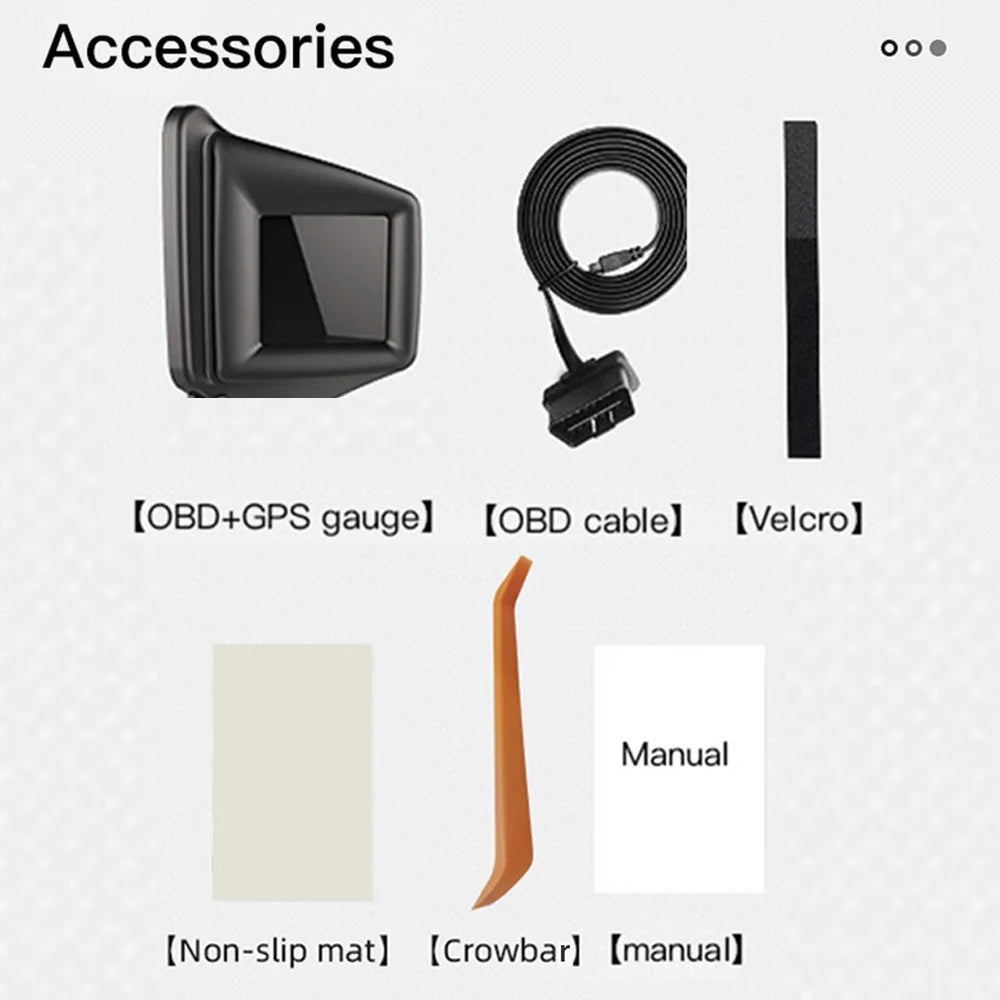 HUD, The accessories for this product include an OBD2 GPS gauge, OBD cable, Velcro strip, manual, non-slip mat, and crowbar.