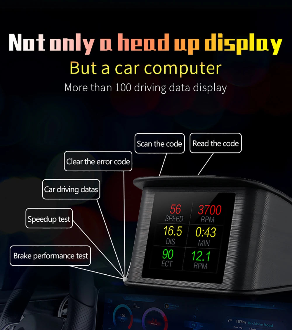 HUD, The dashboard displays over 100 driving data including speed, RPM, and other car performance metrics with error code scanning.