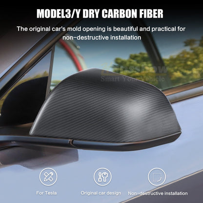 Dry carbon fiber mirror cover installed on Tesla side mirror, close-up of fit and finish