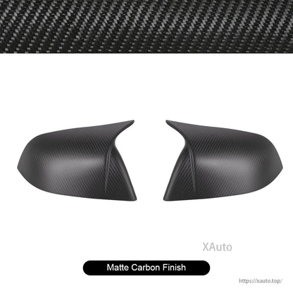 Matte carbon fiber mirror covers shown from side angle, highlighting outer ridge and contour