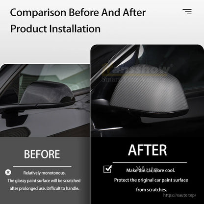 Before and after comparison of Tesla side mirror cover installation with carbon fiber finish