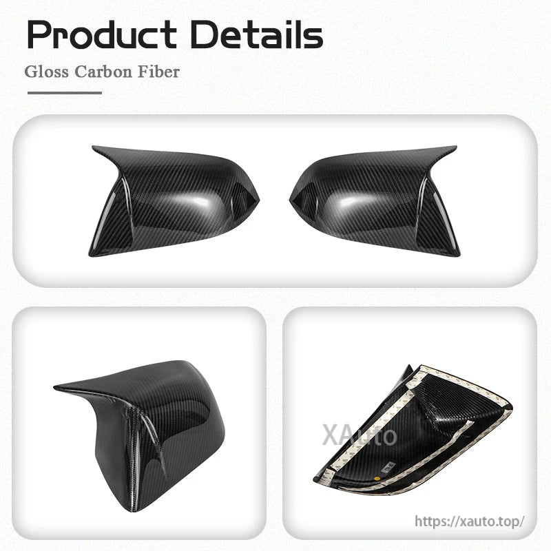 Product details collage: gloss carbon fiber mirror covers, side angle and interior adhesive view
