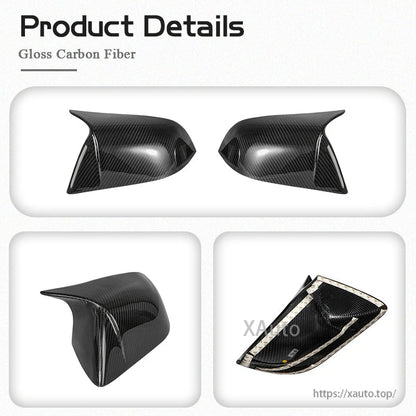 Product details collage: gloss carbon fiber mirror covers, side angle and interior adhesive view